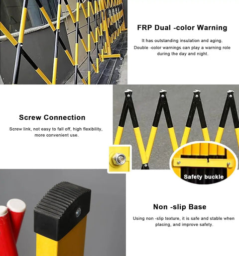 Straight Up Reliable Adjustable Retractable Accordion Safety Gate For Driveways And Pets Quick Expand To Fourteen Feet showing FRP material and non-slip base.