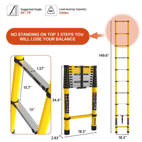 Telescoping Aluminum Ladder 12.5ft Folding Multi Purpose RV Ladder For Home Outdoor Work Lightweight 330lbs Capacity Sturdy Durable Easy To Stash And Quick To Extend, yellow aluminum, 149.6in extended