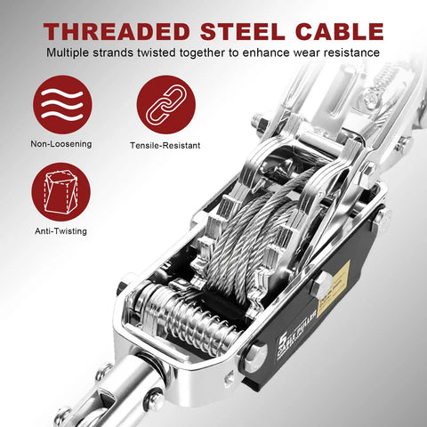 Close-up of 5 Ton Come Along Winch With 10 Ft Cable Dual Gear Hand Puller, highlighting threaded steel cable features.