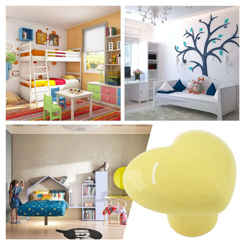 Super Sweet Heart Shape Ceramic Drawer Knobs Yellow Dresser Handles Two Pack Replacement Hardware For Kids Bedroom Cabinet Pulls Rad Slick Furniture Decor Set displayed in a kids' room.