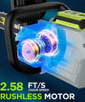 Brushless motor of Powerful 60V 18-Inch Cordless Chainsaw With Dual 6.0Ah Batteries And Charger, highlighting 42.58 ft/s speed.