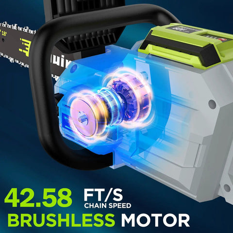 Brushless motor of Powerful 60V 18-Inch Cordless Chainsaw With Dual 6.0Ah Batteries And Charger, highlighting 42.58 ft/s speed.