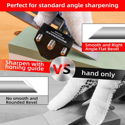 Versatile Honing Guide System for Chisels and Planes in use, angle fixture on sharpening stone, showing smooth flat bevel results.