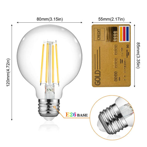 G25 Led Globe Bulbs 60W Equivalent Daylight 4000K 750LM Non Dimmable Glass Edison Style with E26 base sizing comparison