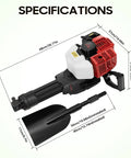 Gas Powered Garden Excavator With Wide Shovel 52cc 2 Stroke Earth Auger specifications, showing dimensions and components.