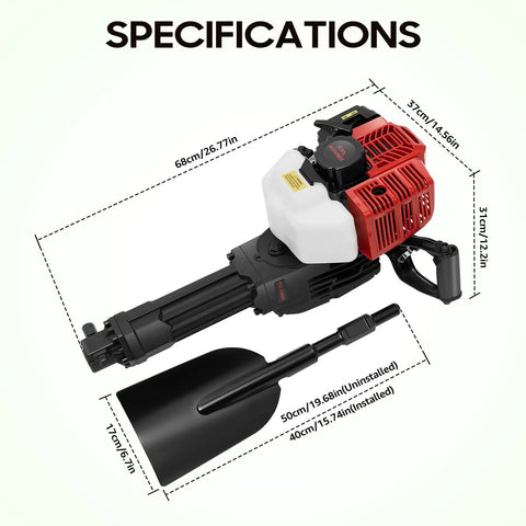 Gas Powered Garden Excavator With Wide Shovel 52cc 2 Stroke Earth Auger specifications, showing dimensions and components.