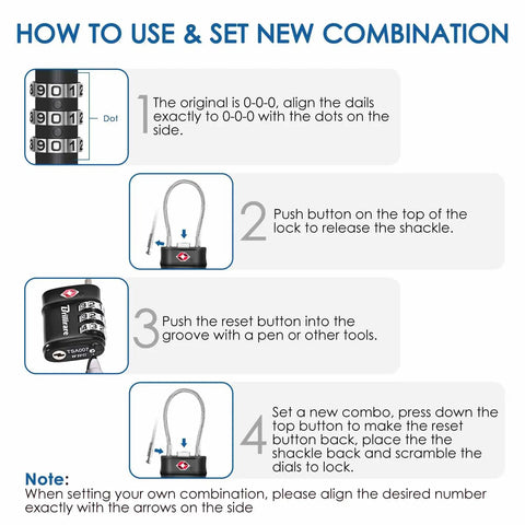 Instructions for TSA Approved Luggage Locks 2 Pack With 3 Digit Resettable Combos Waterproof Zinc Alloy Padlocks