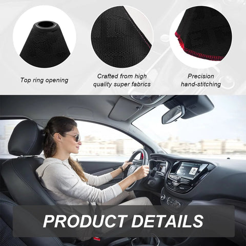 SHMZK car shift boot cover in black fabric with red stitching and top-ring opening; gaiter for most vehicles.