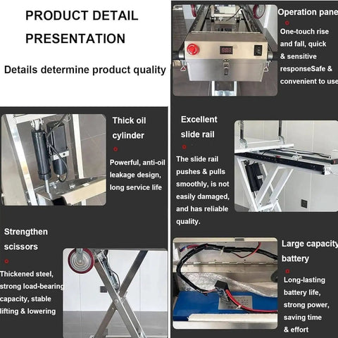 Heavy Duty Hydraulic Electric Scissor Lift Table And 300Kg Mobile Platform Cart With Adjustable Height For No Sweat Warehouse Moves One Button Operation And Foldable Frame That Handles Hefty Loads Without Missing A Beat, showing operation panel and thick oil cylinder.