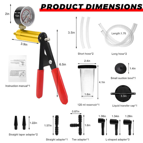 Handheld Vacuum Pump Brake Bleeder Kit With Gauge Adapters For Cars Trucks Motorcycles dimensions including tools and hoses