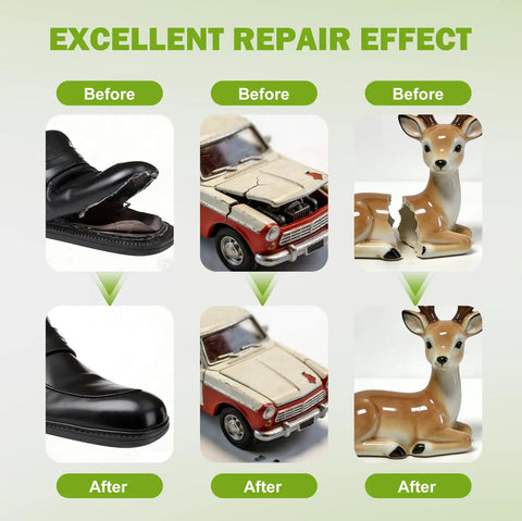 Image showing before and after of shoe, toy car, and ceramic deer repaired with Clear Gel Cyanoacrylate Adhesive For Plastic Metal And Wood With Quick Dry Formula Pack Of 12 Minis Ideal For 3D Printing Ceramic Shoes Toys And Everyday Household Repairs.