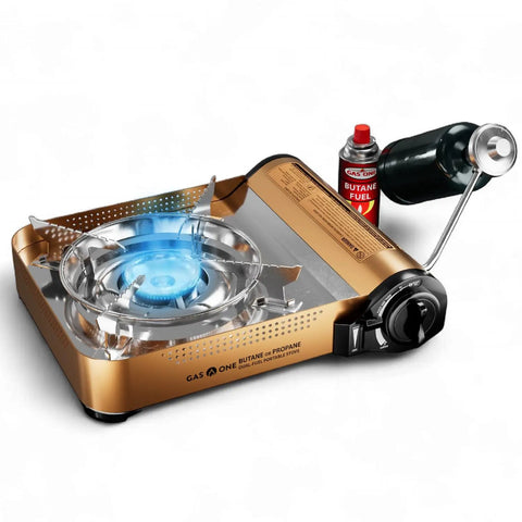 Dual Fuel Portable Gas Stove With Carrying Case - Propane Or Butane Camp Stove, Patented Design, includes adapter, gold aluminum