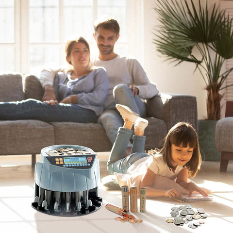 Family using Coin Counter And Sorter Machine With Six Bins Counts Up To 250 Coins Per Minute Handles One Cent Five Cent