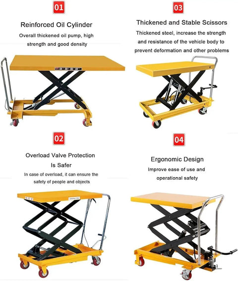 Heavy Duty Hydraulic Lift Table Cart With Lockable Wheels And Rolling Garage Hoist showing reinforced oil cylinder and ergonomic design.