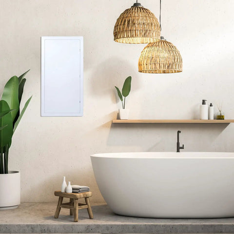 No Hassle Drywall Access Panel, 14 X 29 Inch Abs Plastic Removable Wall Cover installed in bathroom setting, smooth blend decor.
