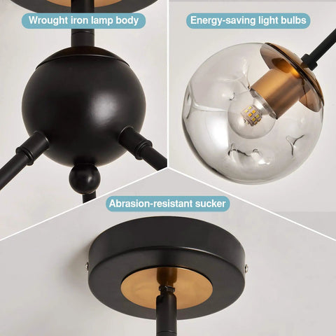 Lit Modern Glass Globe Sputnik Chandelier Flush Mount Ceiling Light in Black and Gold Finish details showcasing materials.