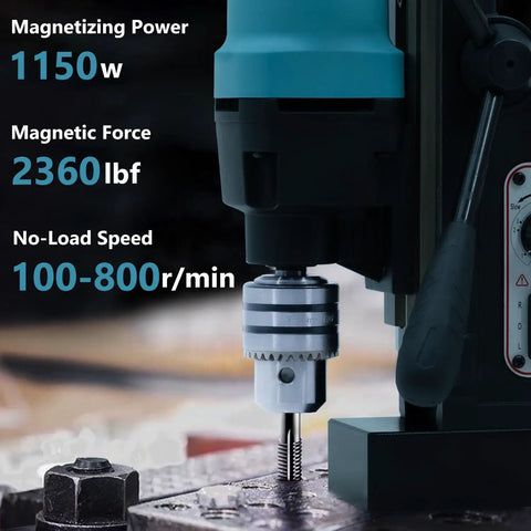 Close-up of Workhorse Magnetic Drill Press 1150W With 2360 Lbf Magnetic Force in action, showing drilling mechanism and controls.