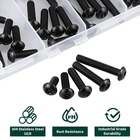 Premium M5 Black Torx Security Screws Kit With Matching Bit Made From 304 Stainless Steel Button Heads For Tamper Proof Outdoor Fixtures And Automotive Applications Provides Sixty Pieces In Five Lengths To Keep Your Setup Hella Secure Today, showing screws in storage container.