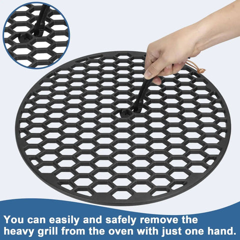 Heavy Duty Cast Iron Grill Grate Lifter lifting a round grill grate, shown in use for easy lifting of heavy grates on grills.