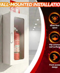 Wall-mounted sturdy fire extinguisher cabinet for 10 lb extinguisher, steel enclosure for indoor and outdoor use shown installed.