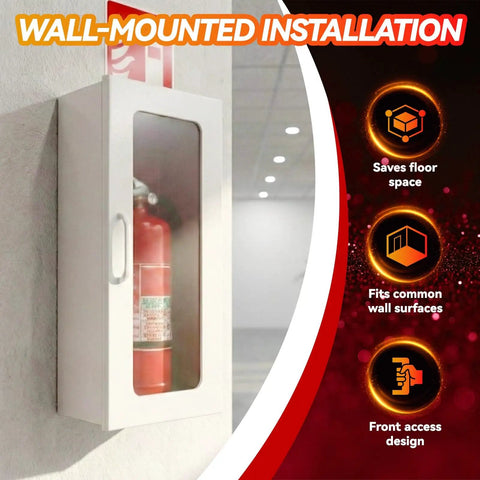 Wall-mounted sturdy fire extinguisher cabinet for 10 lb extinguisher, steel enclosure for indoor and outdoor use shown installed.