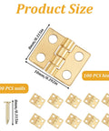 Gold Copper Mini Hinges For Crafts Pack Of 500 With Matching Screws, Tiny Yet Boss Hinges For Dollhouse Jewelry Box And Miniature DIY Projects, Premium Gold Plated Copper Hardware By Elegaperma showing hinge sizes and screws