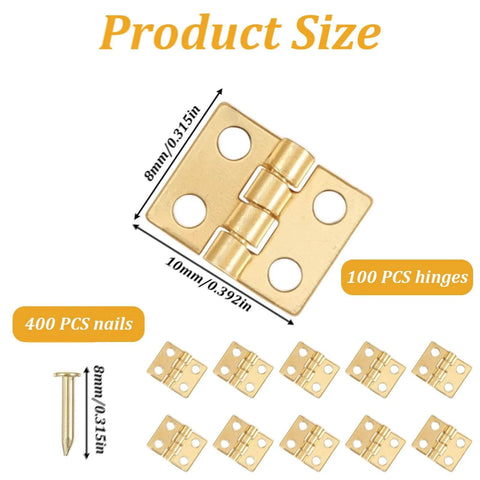 Gold Copper Mini Hinges For Crafts Pack Of 500 With Matching Screws, Tiny Yet Boss Hinges For Dollhouse Jewelry Box And Miniature DIY Projects, Premium Gold Plated Copper Hardware By Elegaperma showing hinge sizes and screws