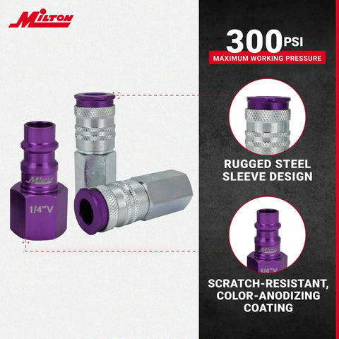 14 Piece Hi Flo V Style One Fourth Inch Purple Anodized Kit For Spray Paints, Sand Blasting, And High CFM Blow Guns, Color Coded Purple For Quick Matches, Durable Aluminum Construction, showing connectors and couplers against a design backdrop.