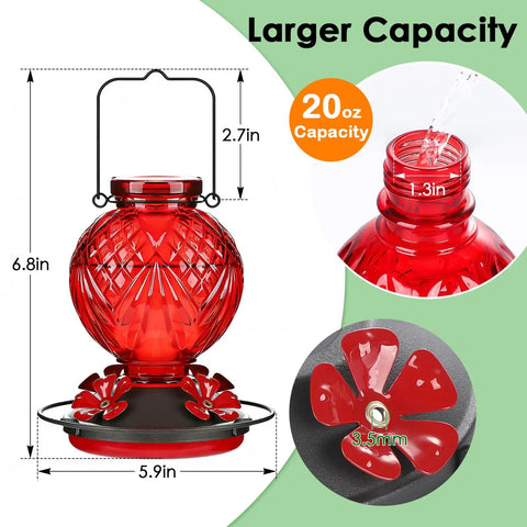 Glass Hummingbird Feeder 20oz Hanging Outdoor Bird Nectar Feeder With Four Bee Guard Flower Ports Built In Ant Moat Leak Proof Easy To Clean Decor For Garden Patio Bird Lovers with measurements