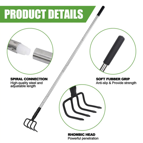 Long Hand Cultivator With Telescopic Handle And Soft Grip For Easy Digging And Loosening And Weeding In The Garden 4 Tooth