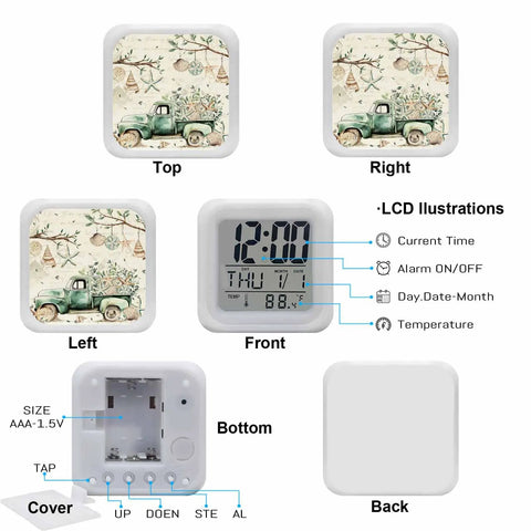 Top Shelf Digital Alarm Clock With Smooth Silicone Buttons And Seven Kickin Color Shifting Led Night Light For Bedroom Or Office Desk Featuring Dead Simple Snooze Time Date And Temp Display, showing top and bottom views.