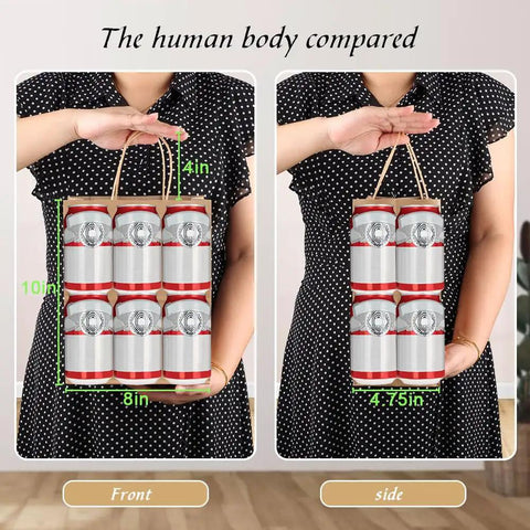 Comparison of Bulk 100 Pack 8x4.75x10 Inch Kraft Paper Bags With Handles to human body, holding six cans.