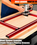 Adjustable Router Jig For Game Changing Woodworking, Straight Shot Juice Groove Template With Anodized Aluminum Rail in use creating grooves.