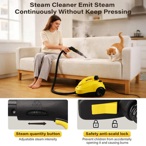 Top Shelf Multi Purpose Steam Cleaner That Crushes Stubborn Tile Grout, woman using steam cleaner on couch.