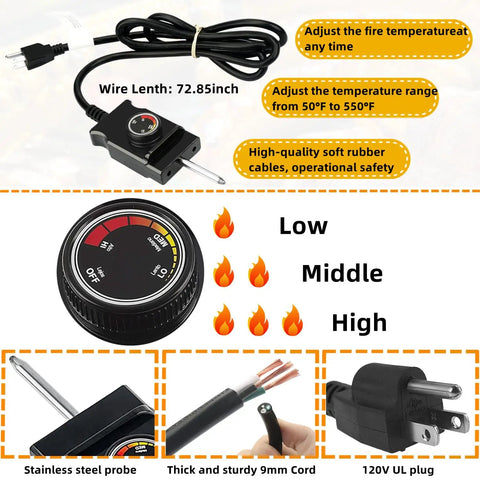 1650W Electric Smoker Heating Element Kit With Adjustable Thermostat And Probe Cord Replacement For Masterbuilt Smoke Hollow Cuisinart Brinkmann Gourmet Char Broil Cerakote Ovens Easy Install Plug And Play, showing 72.85-inch wire, stainless steel probe, and plugs
