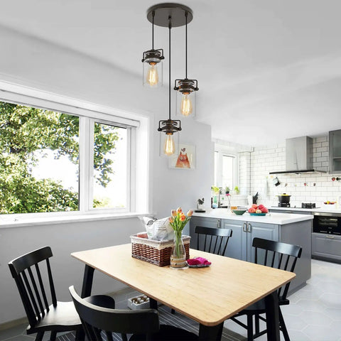 Industrial Farmhouse Kitchen Pendant Lighting Kit Over Island Three Pendant Lights Black Adjustable Ceiling Fixtures For Kitchen Island Dining Room Bedroom Living Room
