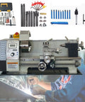 Quantbu Mini Metal Lathe Machine With Industrial Precision Benchtop Electric Motor, Continuously Variable Speed Control & Aluminum Chuck for small steel parts.