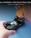 Installation of Ultra Slim Cat6 Keystone Jacks 25-Pack For Rapid Install 10Gbps RJ45 With Punch-Down Stand on a blue surface.