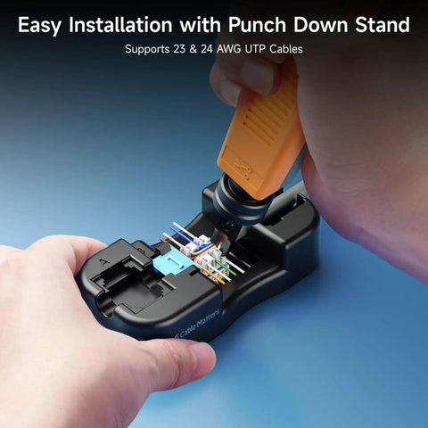 Installation of Ultra Slim Cat6 Keystone Jacks 25-Pack For Rapid Install 10Gbps RJ45 With Punch-Down Stand on a blue surface.