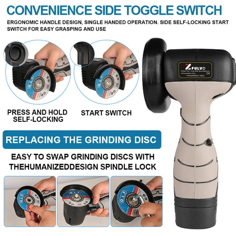 ZFULVO cordless angle grinder kit with two 16.8V 2000mAh batteries and five cutting discs, front view