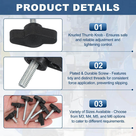 Knurled Clamping Knobs Set M4 x 12mm Male Thread 27mm Head Black Pack Of 20 shown with threaded detail and size variety.