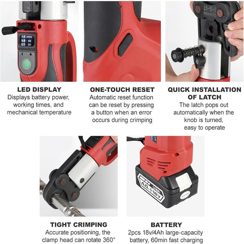 Heavy Duty Cordless Hydraulic Pipe Press Tool With 360 Degree Rotating Jaw displaying LED, one-touch reset, and crimping mechanism.