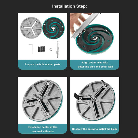 Installation steps for Adjustable Hole Saw Tool Kit For Wood And Drywall Cutting, showing parts, alignment, and depth adjustment.