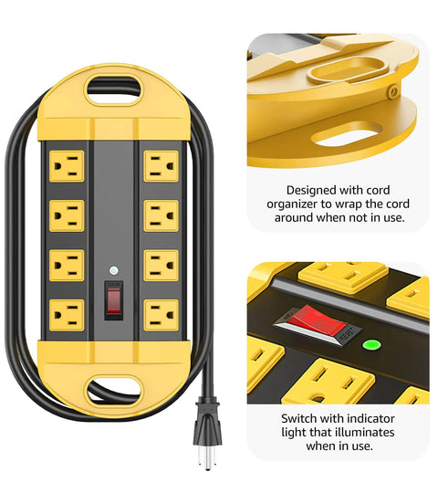 Beefy Heavy Duty Metal Power Strip Surge Protector With 8 Outlets, 15 Amp, Aluminum Housing, Yellow, 6 Ft Extension Cord