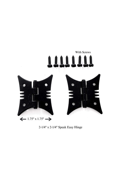 Rustic Speak Easy Door Latch And Decorative Hinge Kit with hinges and twelve black mounting screws, Old West Tavern style.