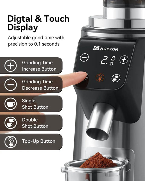 Professional 64mm Flat Burr Coffee Grinder With 100 Grind Settings All Metal Stainless Steel Body Adjustable Electronic Timer Anti Static LED Display For Rich Balanced Coffee Flavor with touch controls