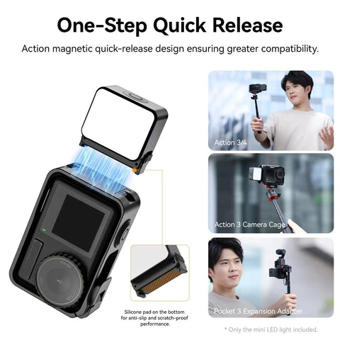 Dope Mini LED Vlogging Light For Action Cameras With 12 LEDs showing magnetic mount and quick release features