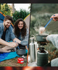 Ultralight Titanium Long-Handle Spork Set, 4-Pack used for cooking outdoors, blue spork visible in camping scene