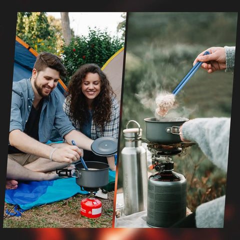 Ultralight Titanium Long-Handle Spork Set, 4-Pack used for cooking outdoors, blue spork visible in camping scene