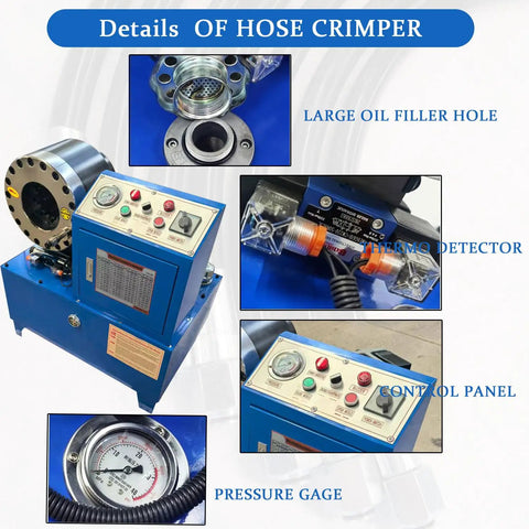 Pro Shop Workhorse Electric Hose Crimper Equipped With High Pressure Hydraulic Tube Press For Heavy Duty Pipe Jobs On Shop Floor With Tough Jaw Set For Tight Seals and Rock Solid Daily Performance control panel and pressure gauge details
